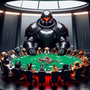 Create an image of Darth Vader engaged in a tense yet subtly hum...