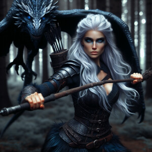 A beautiful huntress from the “Monster Hunter” series with dark...