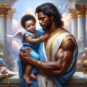Classical oil painting style depicting an African-American Jesus...