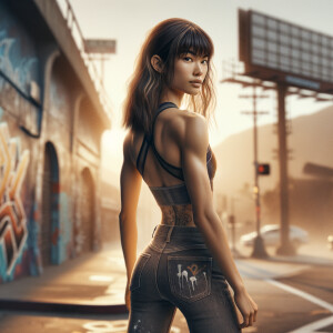 Athletic Thin skinny Attractive, Asian teenage girl, long brown hair and bangs, wearing tight skinny jeans and a halter top paint marks on her clothing, heroic pose Asian graffiti background,  backside view