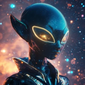 Create a 2.5D illustration of a female alien character set again...