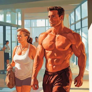 Illustration.A man  muscular beefy sweat walking with his  54 ye...