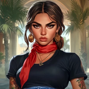 girl with brown hair, thick eyebrows, pumped up lips, potato nos...