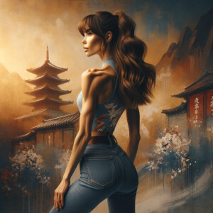 Athletic Thin skinny Attractive, Asian teenage girl, long brown hair and bangs, wearing tight skinny jeans and a halter top paint marks on her clothing, heroic pose Asian graffiti background, backside view