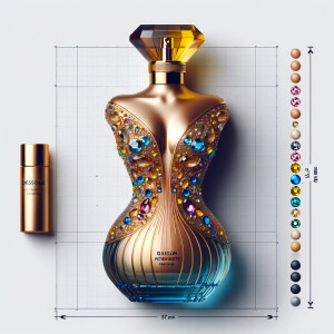 Create a 3-D realistic gold and blue, colorful jewels perfume b...