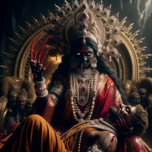 portrait of extremly angry looking goddess kali, black skinned,...