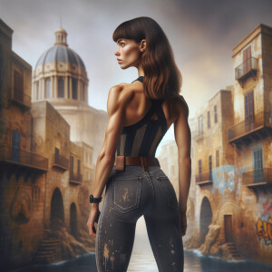 Athletic Thin skinny Attractive, Asian teenage girl, long brown hair and bangs, wearing tight skinny jeans and a halter top paint marks on her clothing, heroic pose Asian graffiti background, backside view