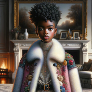 a full body veiw of a colorful gloss hyper realistic oil painting of a regal beautiful light skinned afro  American girlwith beautiful pixie cut one side of hair is black and the other side  of her hair white slick baby hair and furry white and pink and blue furry coat and outfit under the coat standing in living room with fireplace