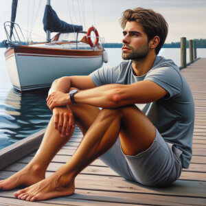Realistic, oil painting Of a young American man Sitting on a doc...