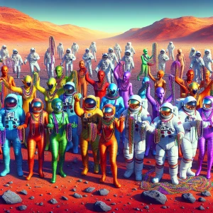 Depicting an extraterrestrial Mardi Gras celebration on Mars wit...