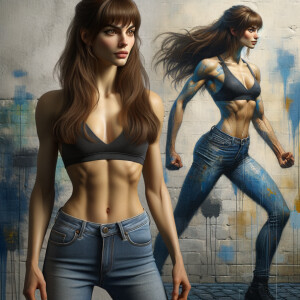 Athletic Thin skinny Attractive, Asian teenage girl, long brown hair and bangs, wearing tight skinny jeans and a halter top paint marks on her clothing, heroic pose Asian graffiti background, side view