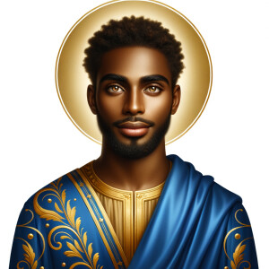 Create handsome African-American, Jesus, with Hazel Brown eyes wearing a blue and gold robe