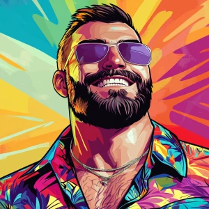 White muscular thin man with beard, big chin, smile and cheekbon...