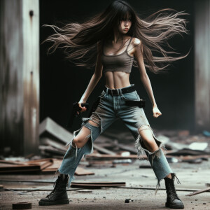 Skinny and thin Asian teen girl wearing skin tight jeans that are worn and frayed, long hair and bangs heroic ready to fight stance