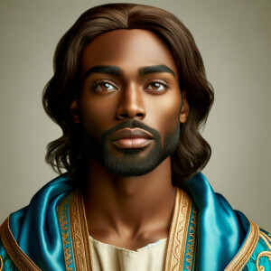 Create a beautiful African-American Jesus Christ with Hazel, brown eyes and blue and gold robe