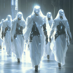 A group of ethereal cyborgs walking, emitting a white, glowing s...