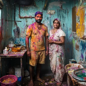 A well-built, perspiring Indian man engaging in Holi festivities...