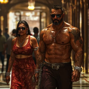 Hyperrealistic Dynamic creation.A sweaty beefy man walking with...