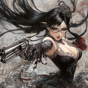 “Imagine a powerful and elegant witch, standing tall at the edge...