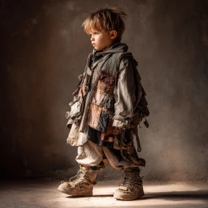 Post-apocalyptic fashion style for a 3-year-old child, wearing l...