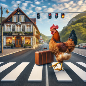 A whimsical scene of a chicken carrying a suitcase, crossing the...