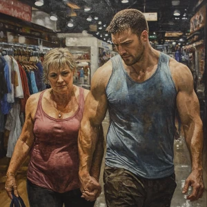Photorealism painting.A muscular, sweaty man walking with his 43...