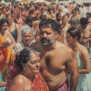 Realism painting depicting a bustling summer pool party at a New...