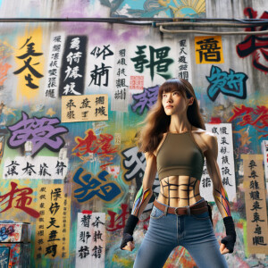 Athletic Thin skinny Attractive, Asian teenage girl, long brown hair and bangs, wearing tight skinny jeans and a halter top paint marks on her clothing, heroic pose Asian graffiti background