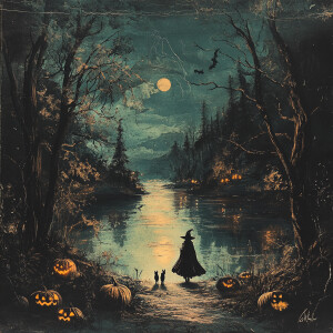 A vintage dark halloween night scene of a witch and black cat wa...
