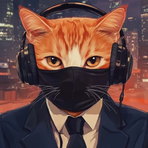 An orange and white cat wearing a black balaclava that exposes o...