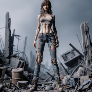 Skinny and thin Asian teen girl wearing skin tight jeans that are worn and frayed, long hair and bangs heroic ready to fight stance