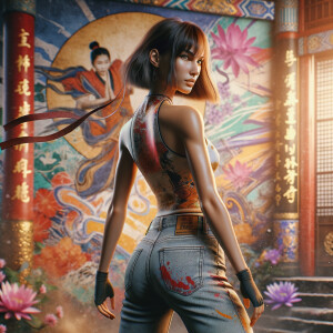 Athletic Thin skinny Attractive, Asian teenage girl, long brown hair and bangs, wearing tight skinny jeans and a halter top paint marks on her clothing, heroic pose Asian graffiti background, backside view