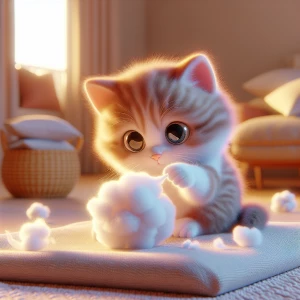 A fluffy kitten sitting on a soft, pastel-colored blanket, batting a white cotton ball with one paw. The kitten’s wide, curious eyes are focused on the cotton ball, which has started to unravel slightly, leaving tiny wisps scattered around. The background features a cozy, well-lit room with a few soft pillows and a small wicker basket nearby, creating a warm and inviting atmosphere.