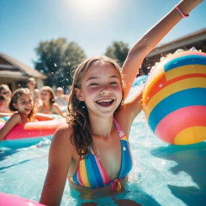 A tween girl enjoying a summer pool party with friends, wearing...