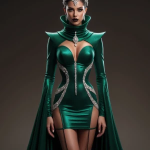 Full reveal of the woman’s outfit: haunted hunter green cowl-nec...