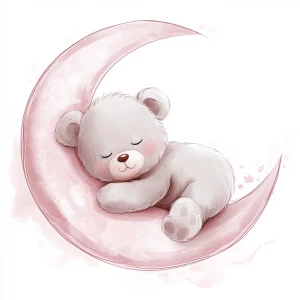 A cute, cartoon teddybear lies on a stylized, rosy-pink crescent moon. The teaddy bear is light gray with large, round, pink-spotted ears.  Its body is round and he has expressive eyes.  its facial expression is happy and friendly. The teddy bears leg and foot are visible, and its posture is relaxed, slumped in the curve of the moon. it's stomach is lying down on the moon with left arm and leg showing hanging down. The moon is a soft, shaded pink, with watercolor-like texture and subtle shading. The background is white. The image is in a child-friendly style, showcasing delicate line work and color palettes. The composition is centered on the teddy bear which is positioned on the moon, giving the moon a hug with closed eyes. The overall style is sweet, whimsical, and reminiscent of children's book illustrations.  The colors are pastel and soothing, creating a gentle atmosphere.