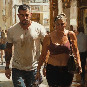 Sharp painting minor strokes .A sweaty  man walking with his 54...