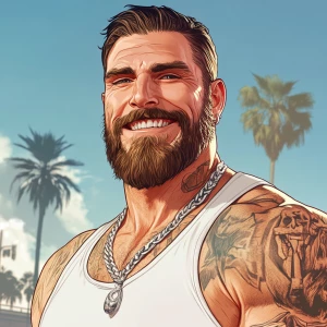 White muscular thin man with beard, big chin, smile and cheekbon...