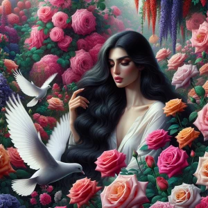 Enchanting surreal illustration, a seductive looking long raven-...