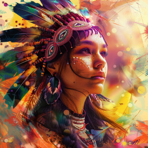 Indian american tribe, beautiful woman, feather headpiece, tripy...