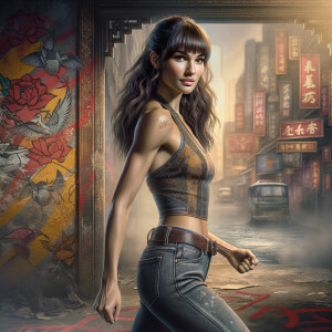 Athletic Thin skinny Attractive, Asian teenage girl, long brown hair and bangs, wearing tight skinny jeans and a halter top paint marks on her clothing, heroic pose Asian graffiti background, backside view