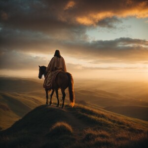 Jesus riding a majestic stallion at sunrise on a hill top overlo...