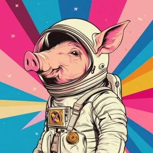 Cute cartoon pig in vintage white spacesuit and NASA style helme...