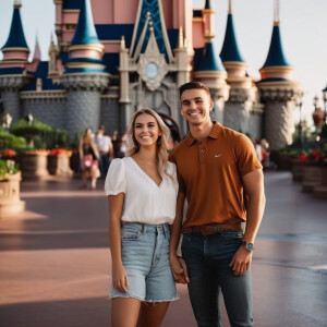 A young couple out at Disney world smiling.