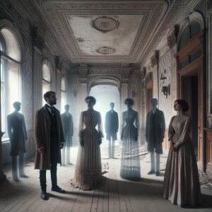 2 guys and 2 girls are standing in an abandoned mansion. They wa...