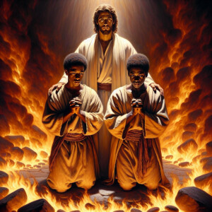 Compose an oil painting depicting three African-American boys ab...