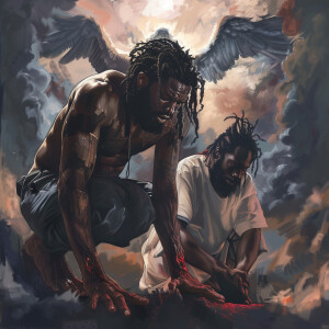 African-American demon man handsome on his knees and Black Jesu...