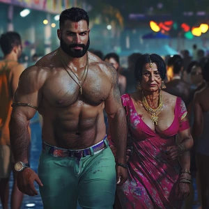 realistic ,a muscular beefy sweaty man walking with his 51 year...