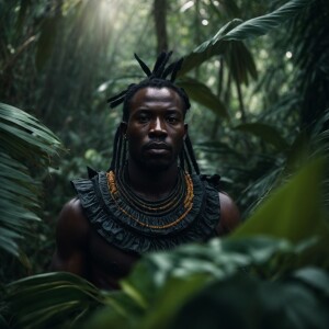 A black warrior navigating the dense jungles of Africa