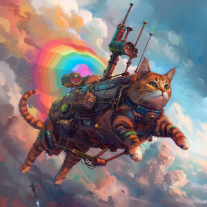 Illustrate a cat with a steampunk aesthetic, adorned in rainbow...